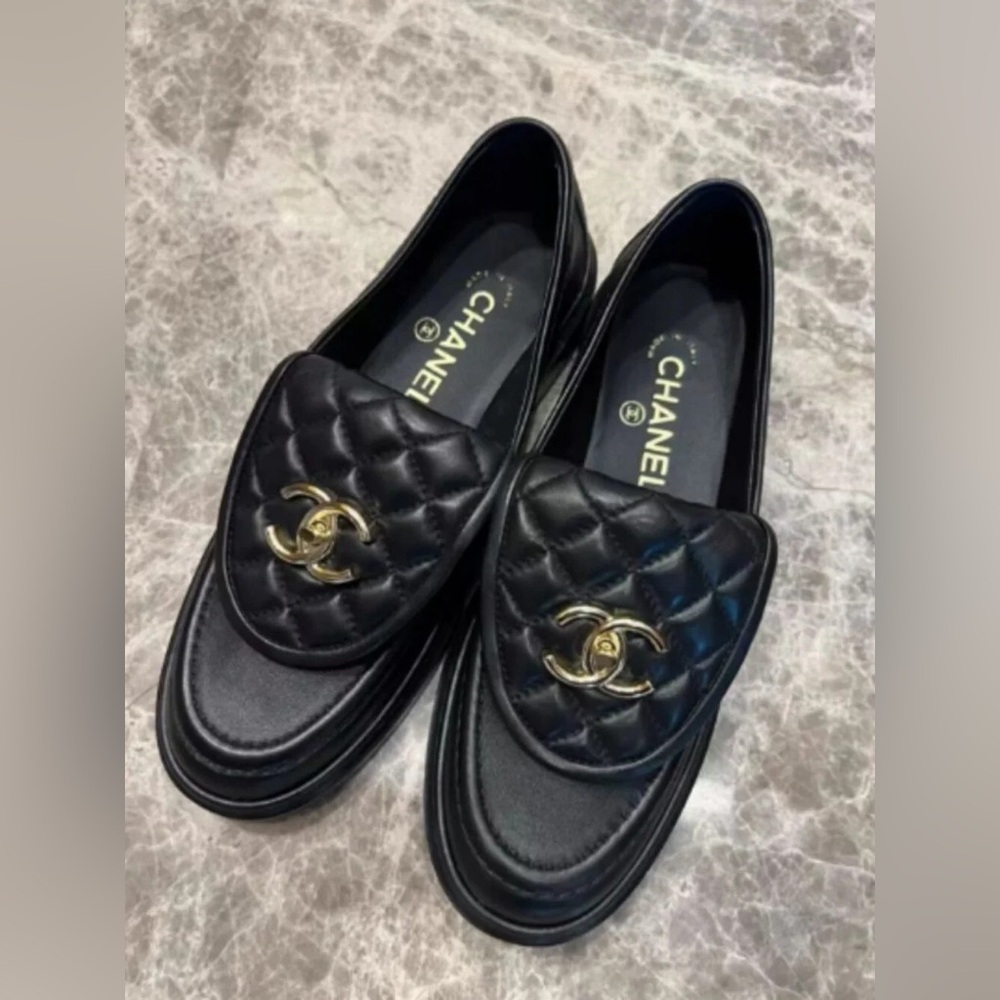 Chanel Gold CC Logo Loafers